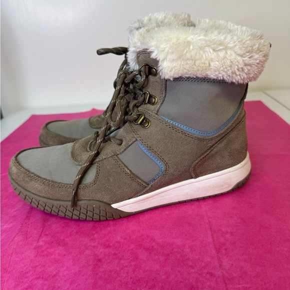 Brownish/greenish winter boots with blue accent and fur. Size 9 - Picture 3 of 8